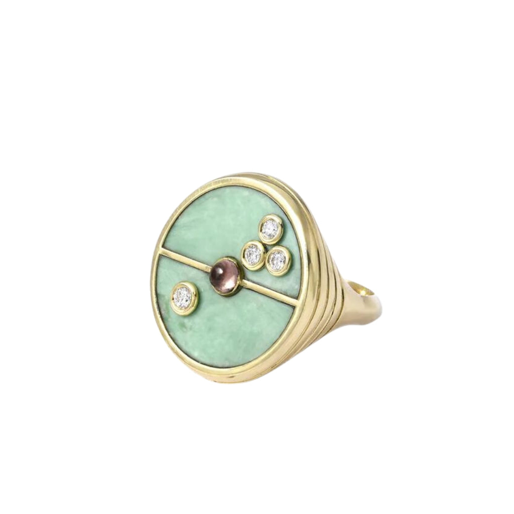 Turquoise & Lotus Garnet Compass Signet Ring