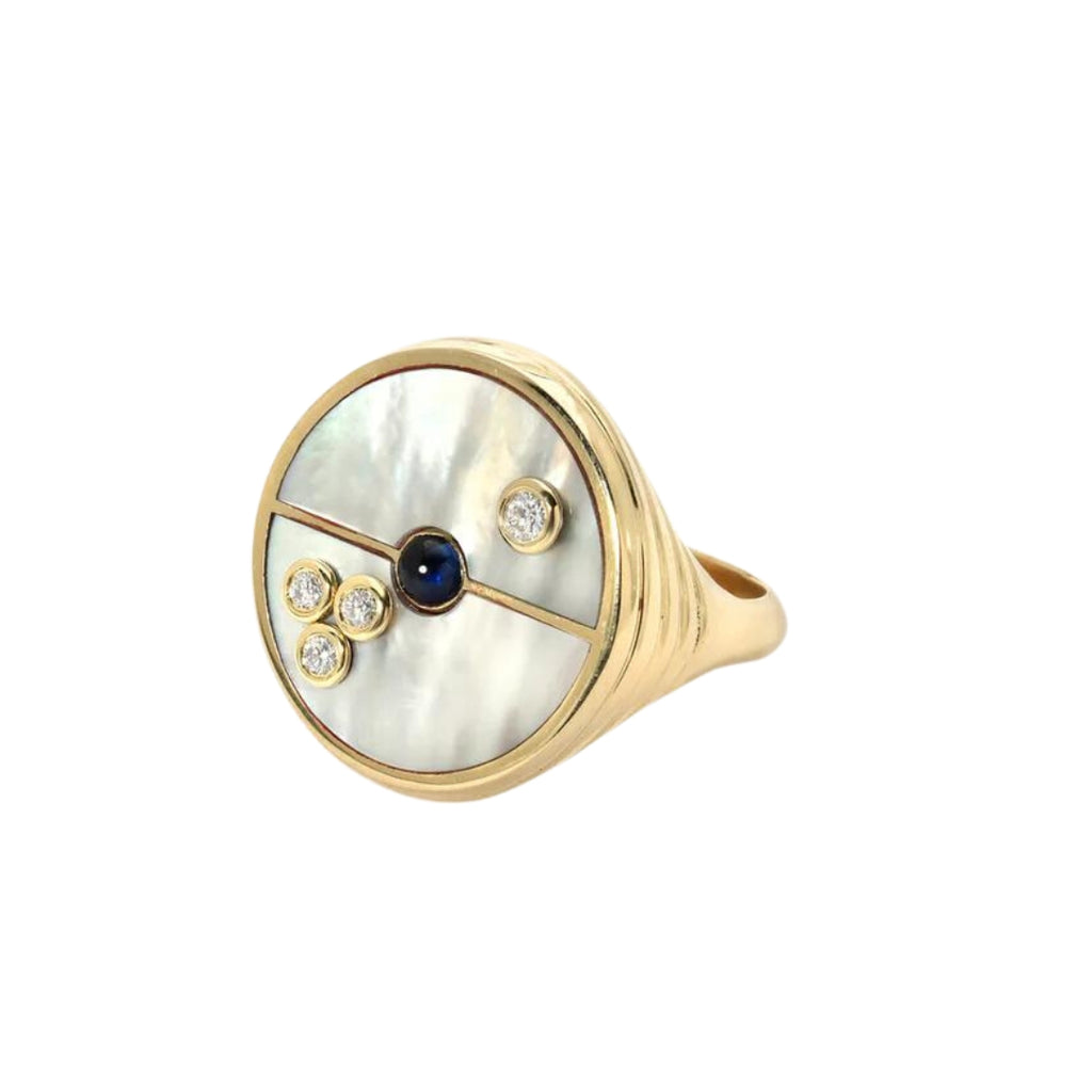 Mother of Pearl & Blue Sapphire Compass Signet Ring