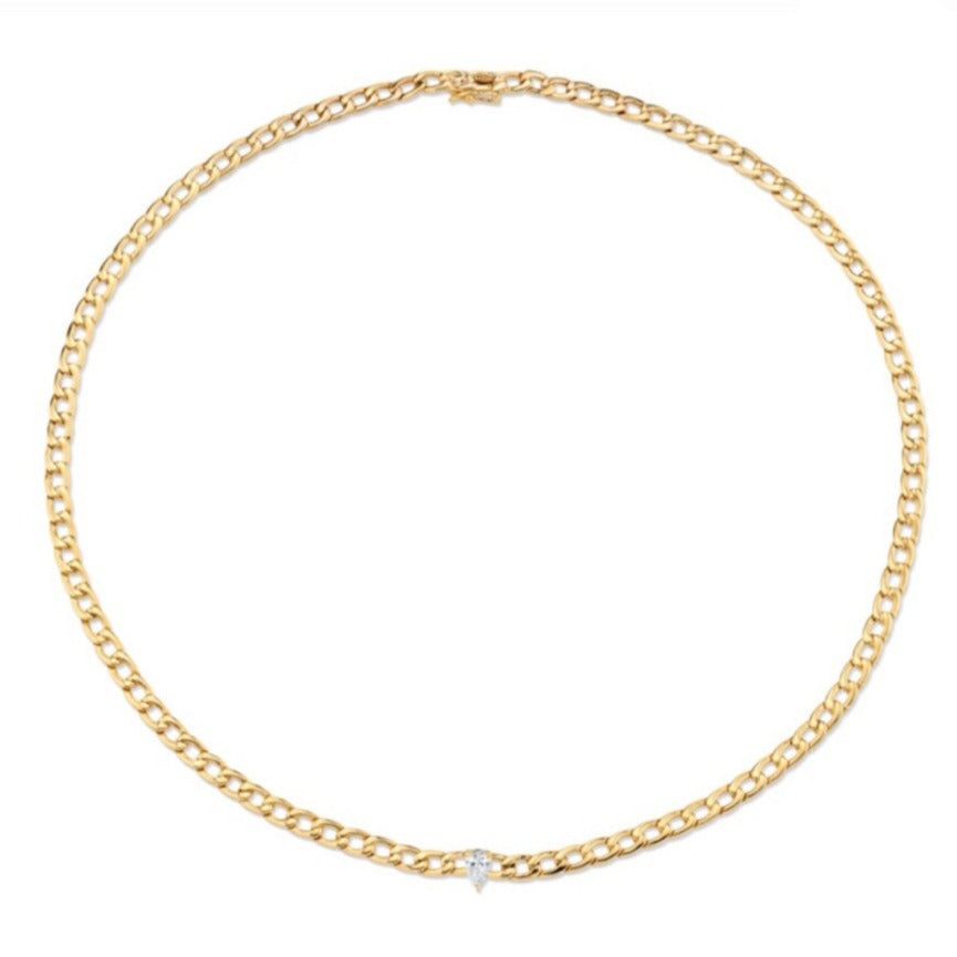 Curb Link Chain Necklace w/ Pear Diamond Center in Yellow Gold