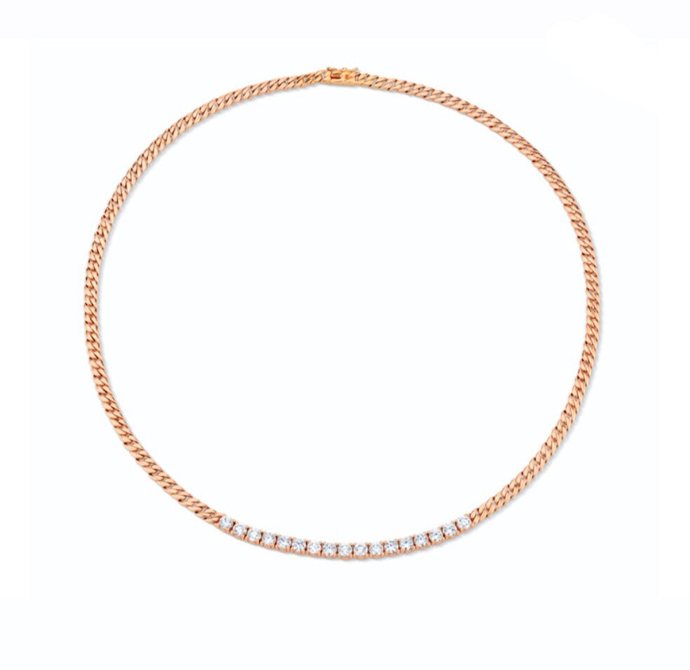 Cuban Link Chain and Diamond Line Necklace in Rose Gold