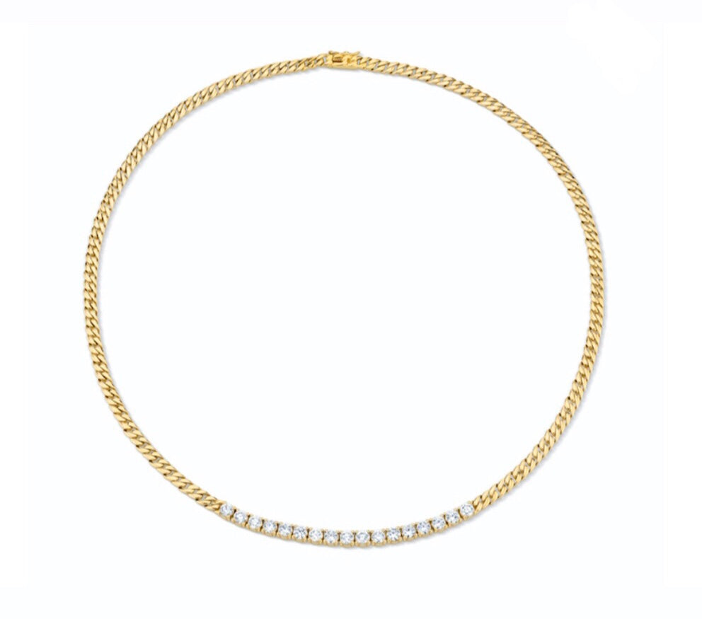 Cuban Link Chain and Diamond Line Necklace in Yellow Gold