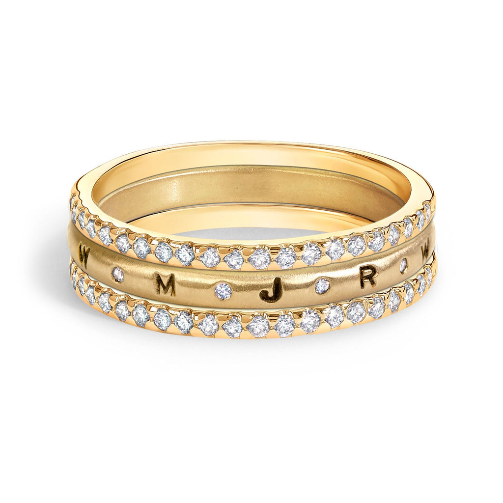 2.5mm Gold Initials Scroll Ring & Small Pavé Stack