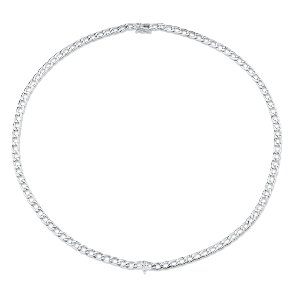 Curb Link Chain Necklace w/ Pear Diamond Center in White Gold