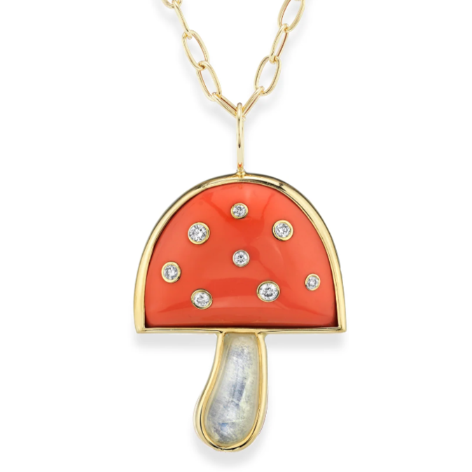 Large Coral, Moonstone, and Diamond Magic Mushroom Pendant on 18” Chain