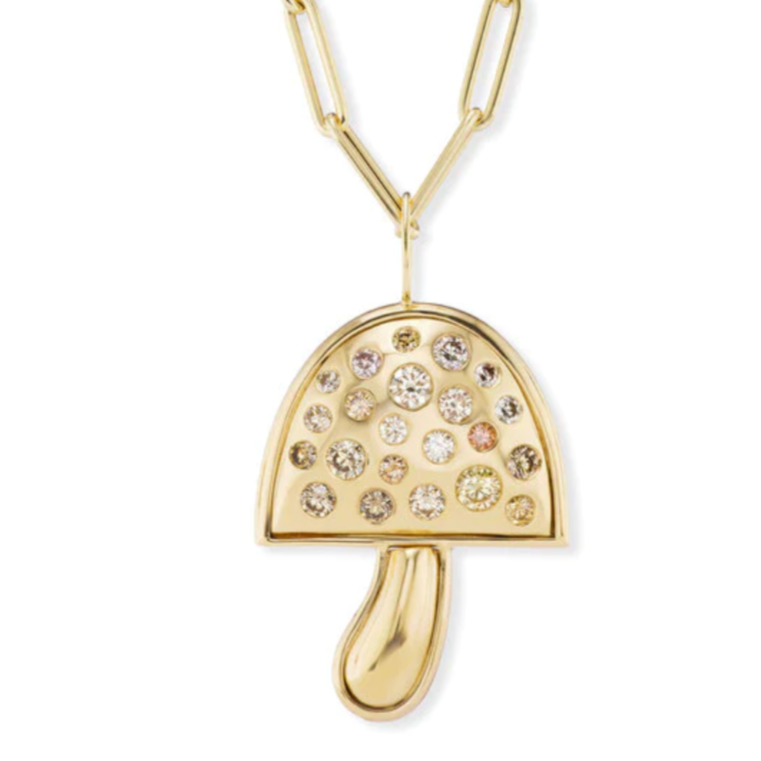 Large Gold Mushroom with Champagne Diamonds on 32" Chain