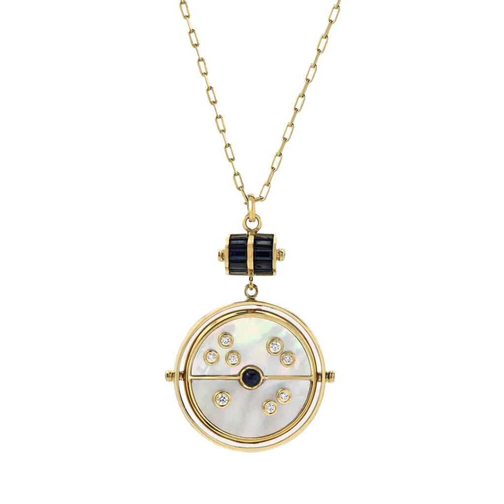 Mother Of Pearl & Blue Sapphire Grandfather Compass Pendant