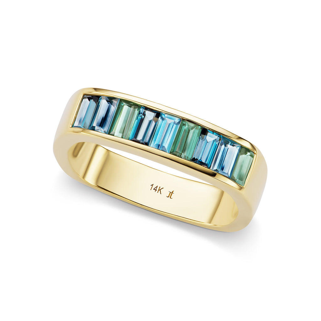 Cirque Small Baguette Square Stacking Band with London Blue Topaz, Blue-Green Tourmaline, and Blue Topaz