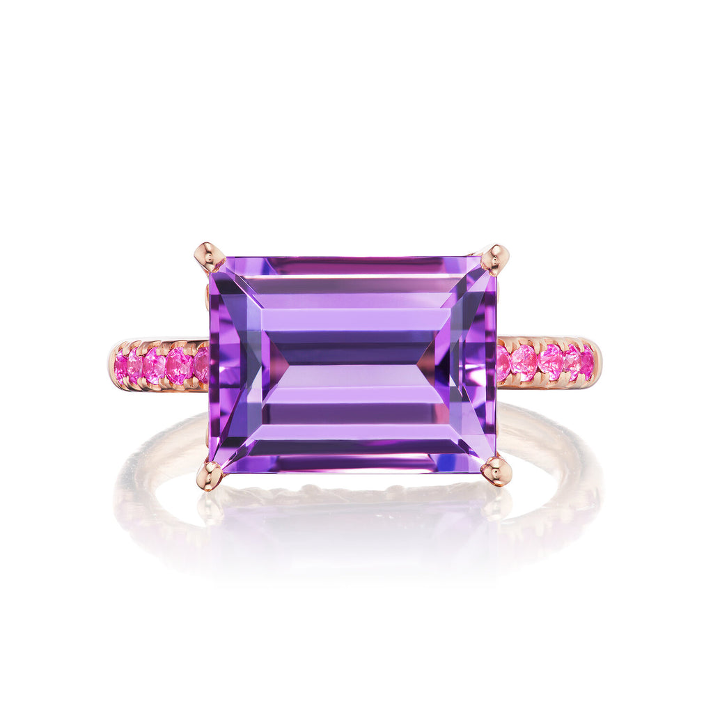 Cirque Baguette Solitaire Pavé Band Ring with Amethyst and Hot Pink Sapphire