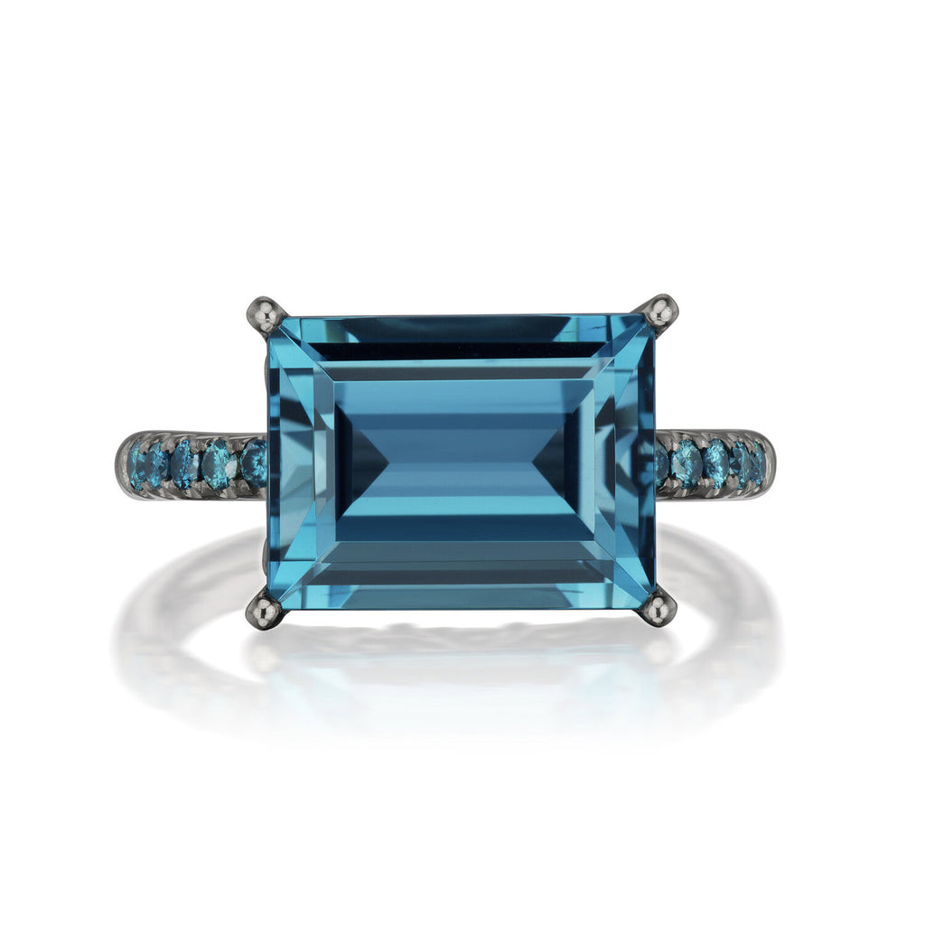 Cirque Baguette Solitaire Pavé Band Ring with London Blue Topaz and Blue Diamonds