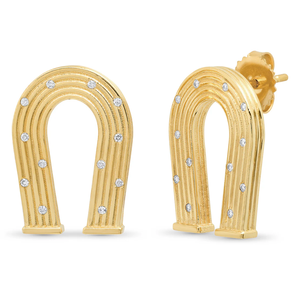 14K Yellow Gold and Diamond Reeded Horseshoe Earrings