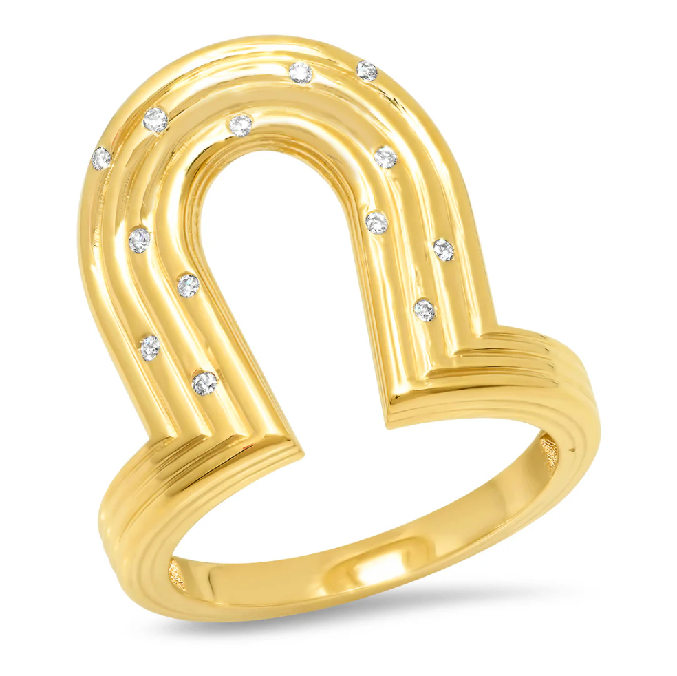 14K Yellow Gold and Diamond Reeded Horseshoe Ring