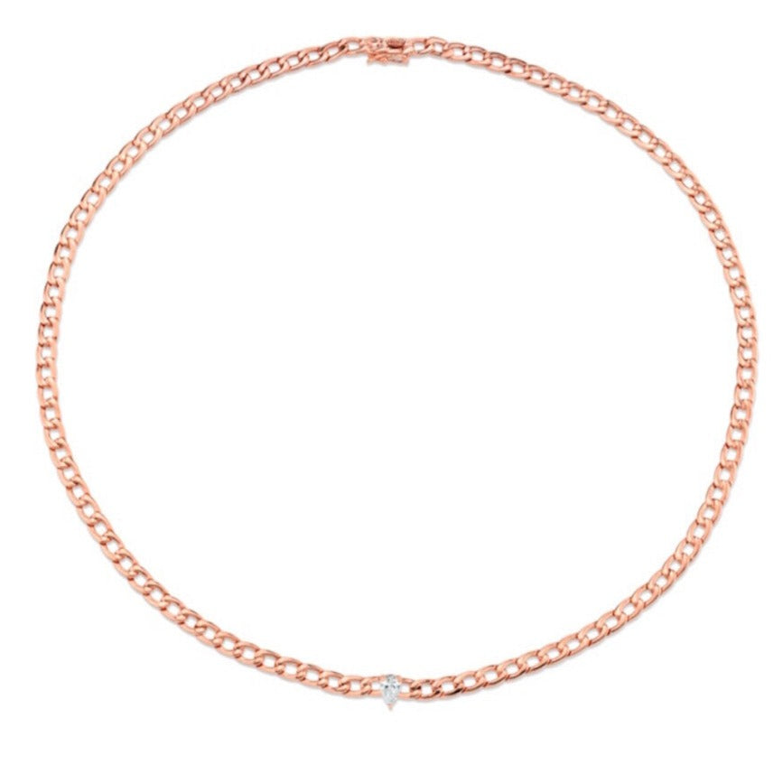 Curb Link Chain Necklace w/ Pear Diamond Center in Rose Gold
