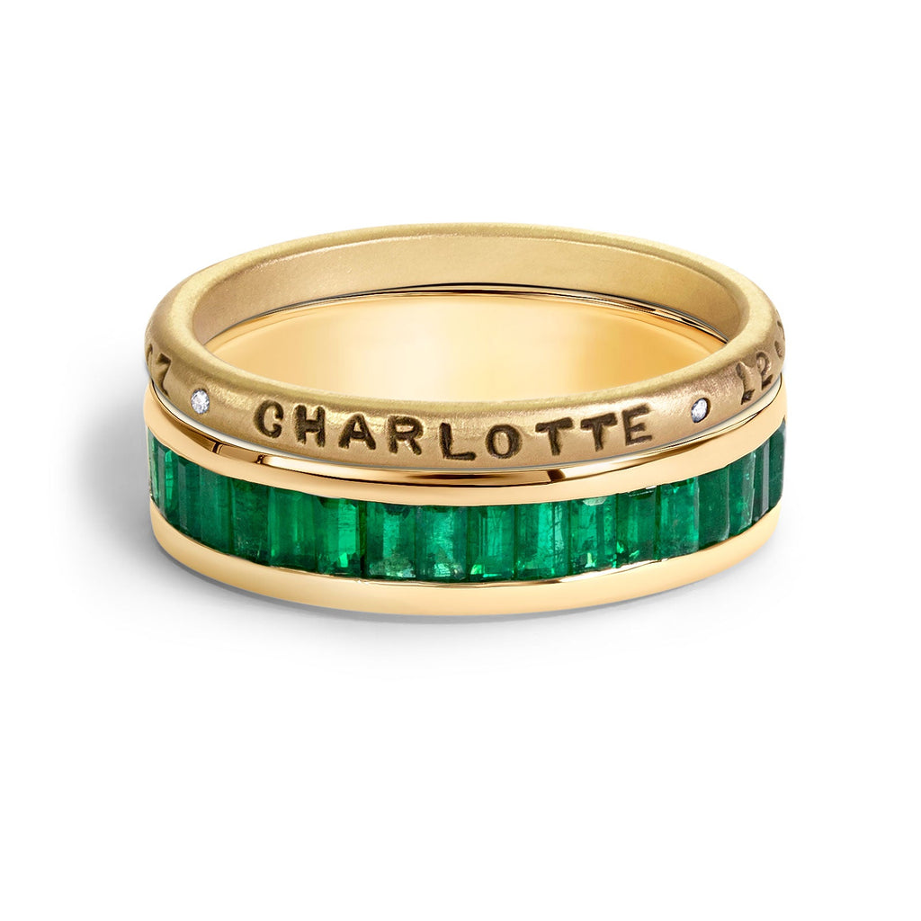 2.5mm Gold Baby Stats Scroll Ring & Emerald Stack