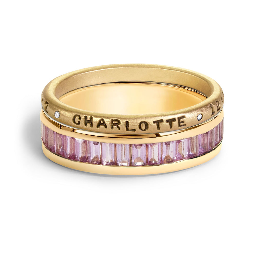 2.5mm Gold Baby Stats Scroll Ring & Pink Sapphire Stack