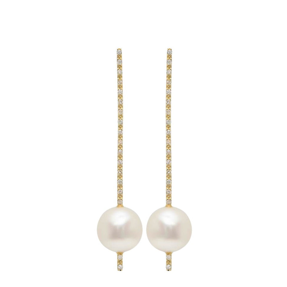 14K YELLOW GOLD PEARL AND DIAMOND STICK EARRINGS