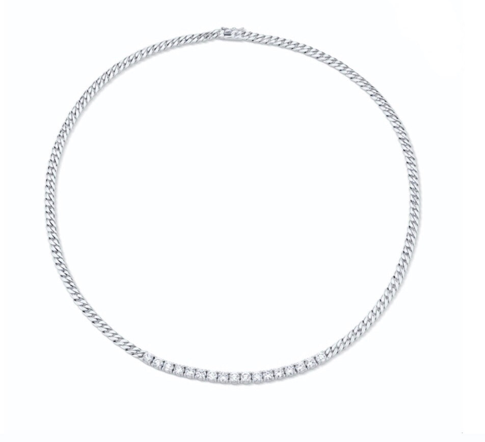 Cuban Link Chain and Diamond Line Necklace in White Gold