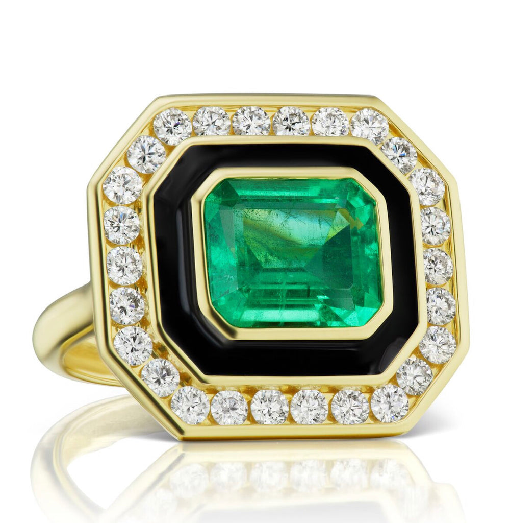 Museum Series Emerald Ring with Black Enamel and Diamonds
