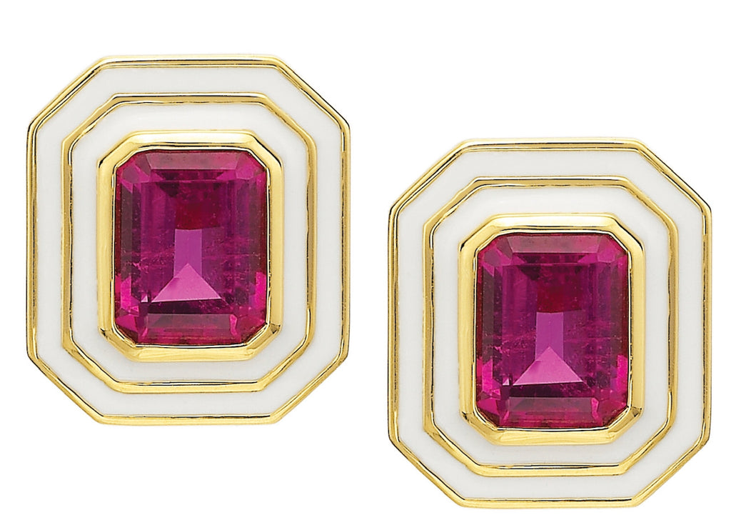 Museum Series Pink Tourmaline Earrings with White Enamel