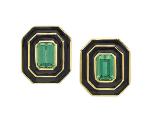 Museum Series Green Tourmaline Stud Earrings with Black Enamel