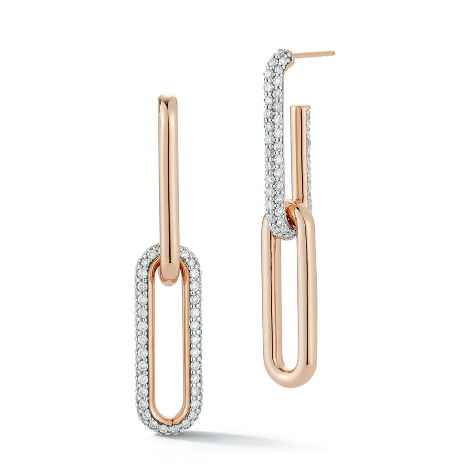 Saxon Rose Gold and White Rhodium Diamond Mix Matched 2 Drop Elongated Link Earrings