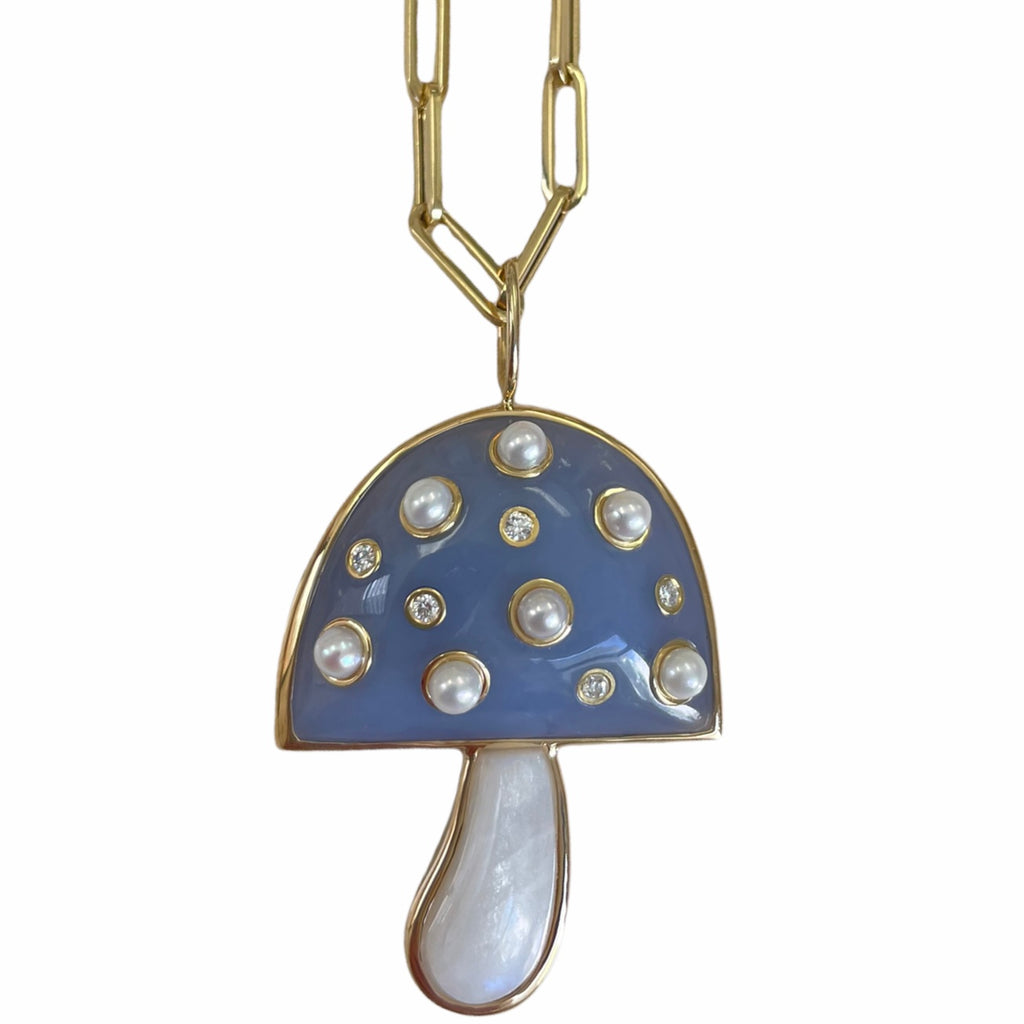 Large Blue Chalcedony and Pearl Magic Mushroom Pendant w/ Diamonds on 18" Chain