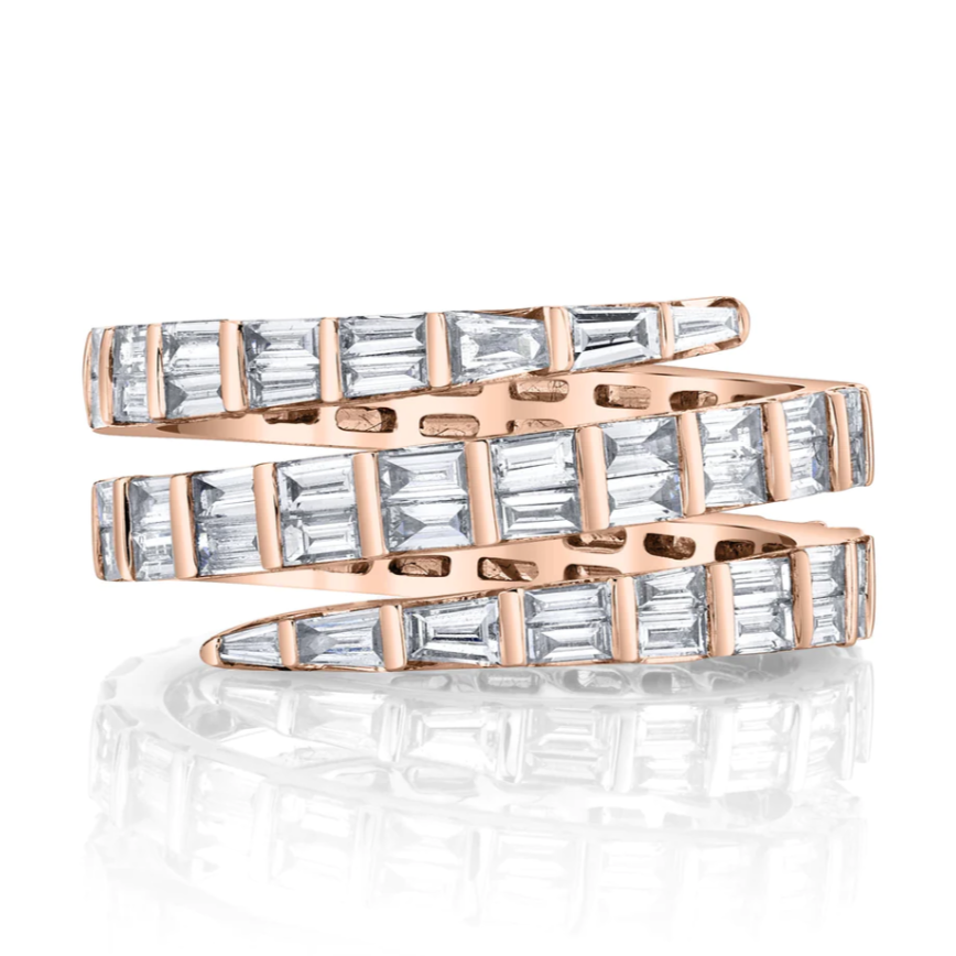 Three Row Baguette Diamond Coil Ring in Rose Gold