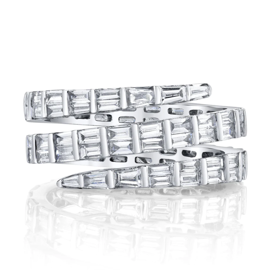Three Row Baguette Diamond Coil Ring in White Gold