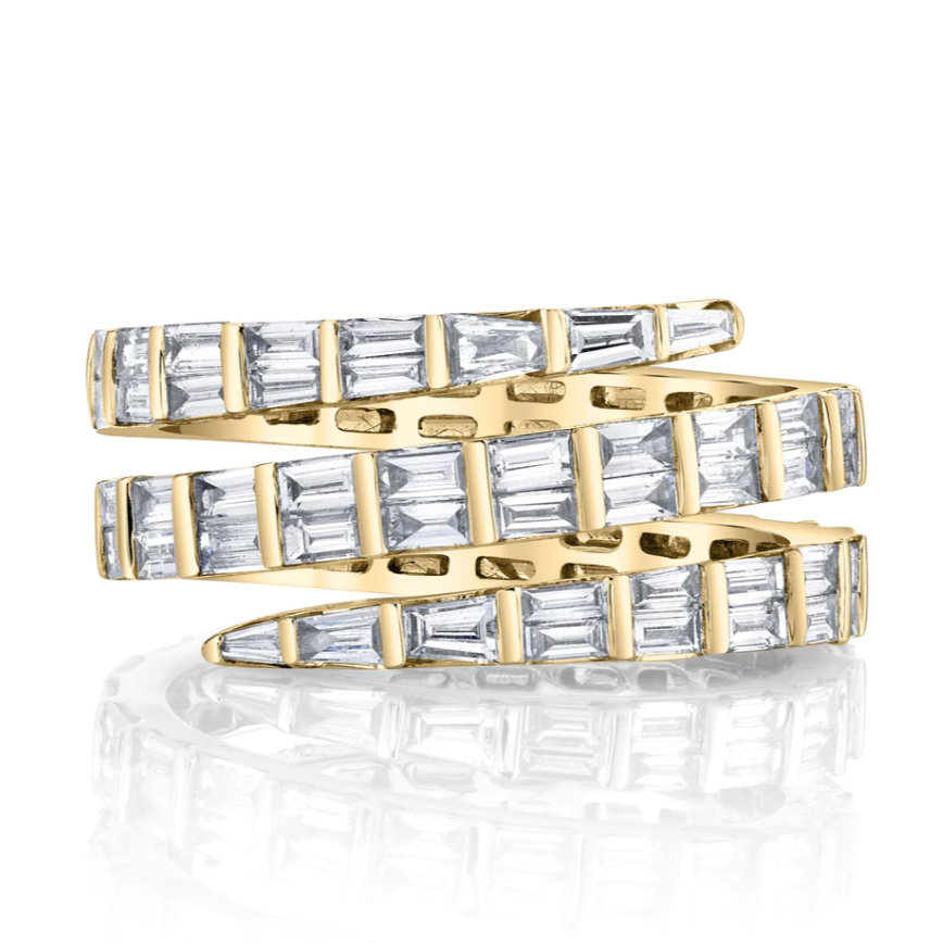 Three Row Baguette Diamond Coil Ring in Yellow Gold