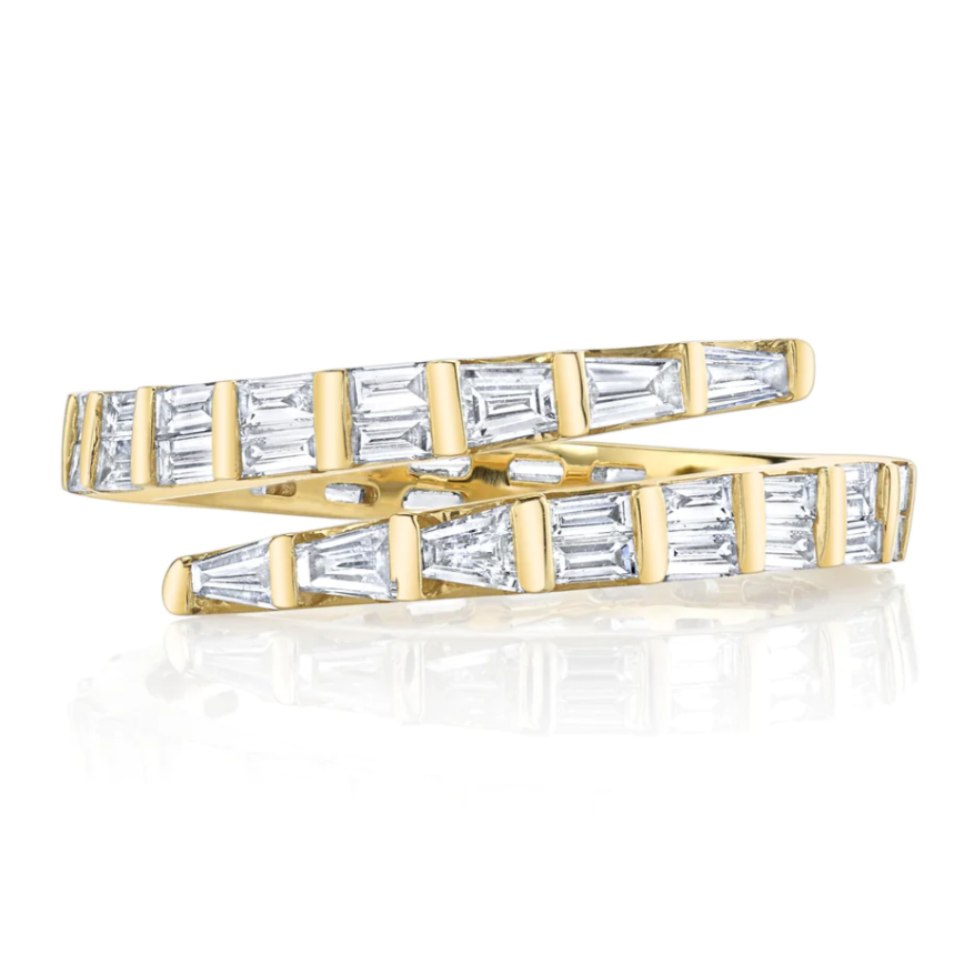 Two Row Baguette Diamond Coil Ring in Yellow Gold