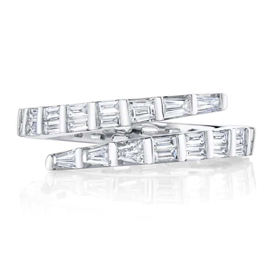 Two Row Baguette Diamond Coil Ring in White Gold