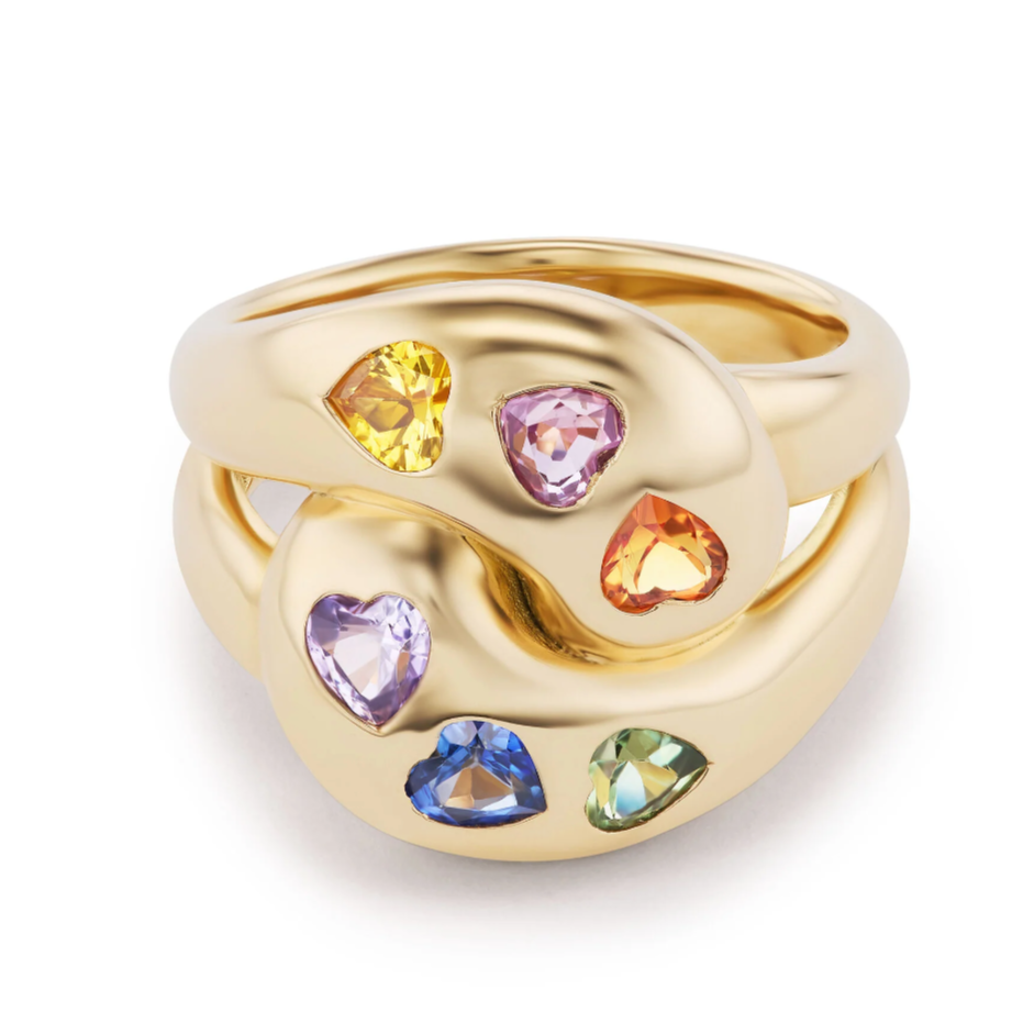 Knot Ring With Rainbow Sapphire Hearts