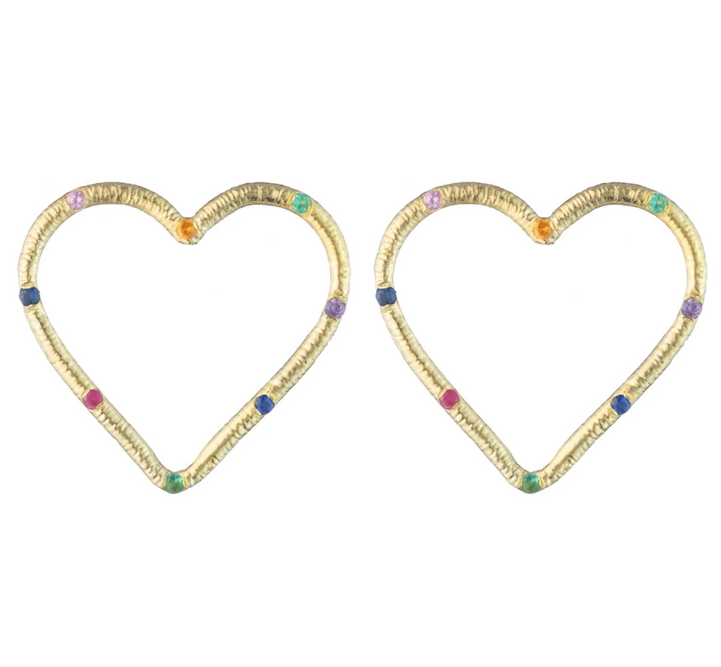 Large Textured Heart Stud Earrings with Precious Gemstones