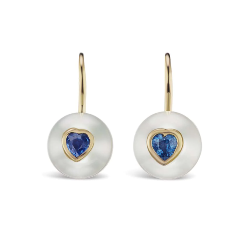 Pearl on Wire Earrings with Blue Sapphire Hearts