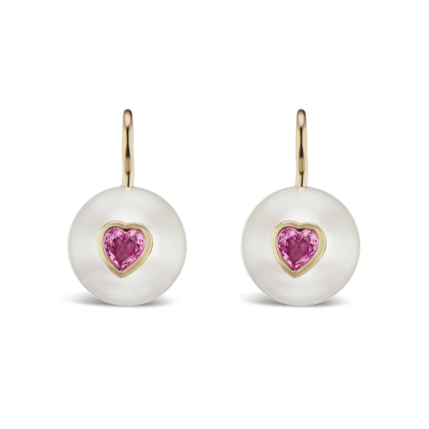 Pearl on Wire Earrings with Pink Sapphire Hearts